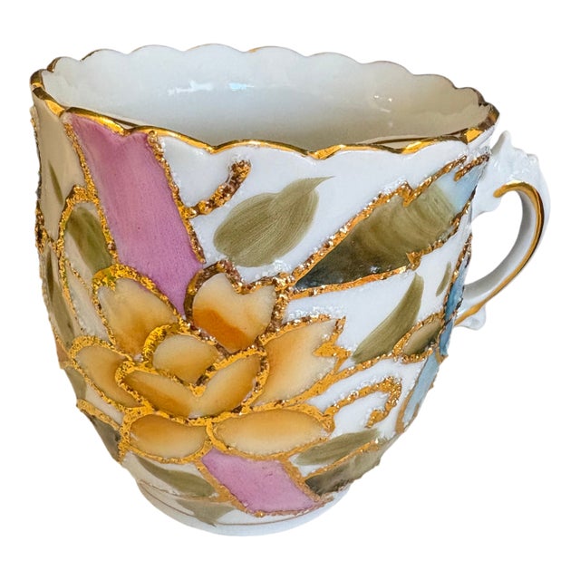Antique Continental Porcelain Moustache Cup With Raised Gilt Florals, C. 1900 For Sale