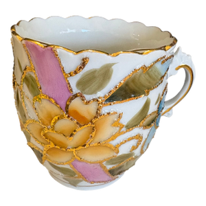 Antique Continental Porcelain Moustache Cup With Raised Gilt Florals, C. 1900