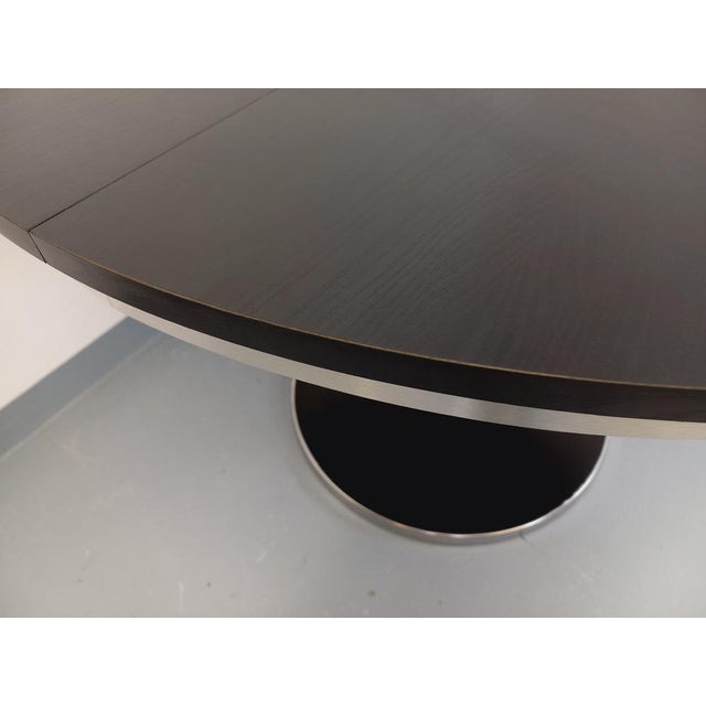 Wood Vintage Round Dining Table in Black Wood-Effect Melamine and Chrome Metal, Space Age/1970s Style, with Integrated Extension For Sale - Image 7 of 18