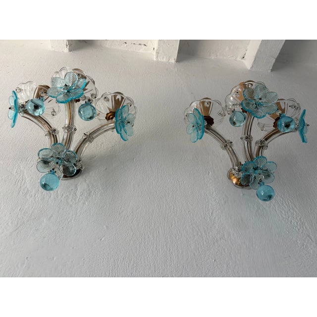 C 1930 Rare Pair Aqua Blue 3 Lights Murano Flowers Crystal Sconces One of Kind For Sale - Image 11 of 12