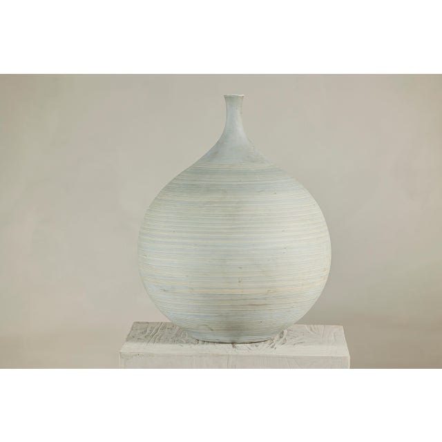 Large Artisan Unglazed Ceramic Vase with Pale Blue White Ribbed Finish For Sale - Image 11 of 13