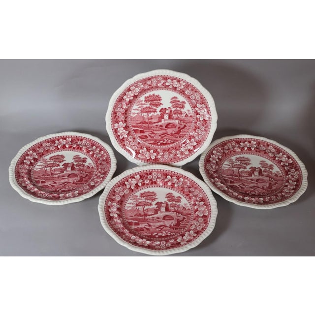 Set of four vintage English Copeland Spode “Tower” red transferware plates, circa 1920s–1930s, featuring the celebrated...