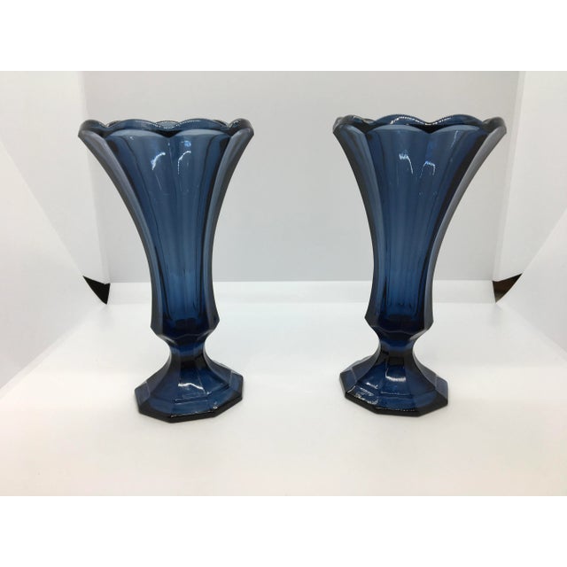 1980s Vintage 1980s Blue Fostoria Glass Vases - a Pair For Sale - Image 5 of 5