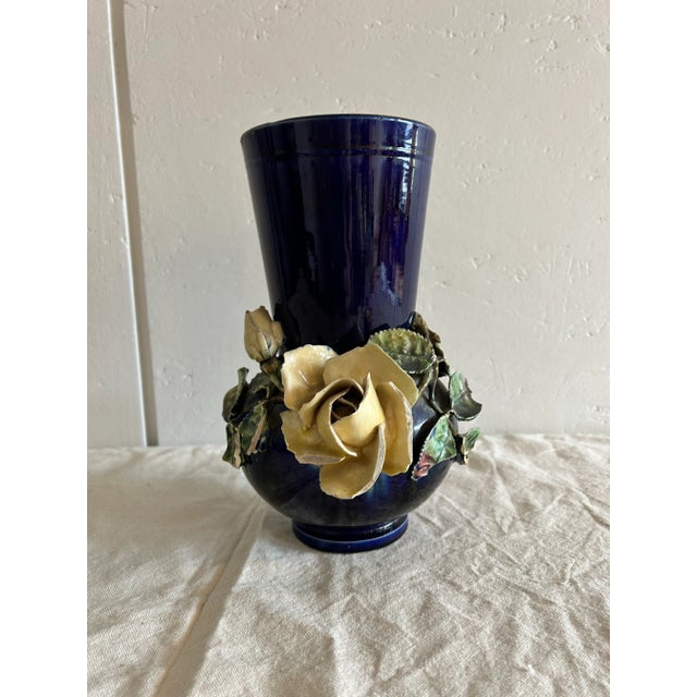 Antique French Barbotine Majolica Vase Applied Rose Vase For Sale In Washington DC - Image 6 of 9