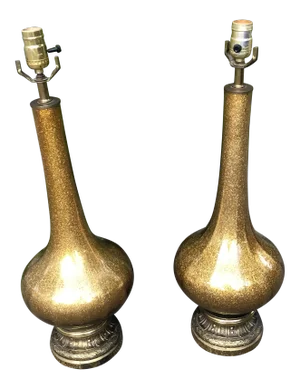 Hollywood Regency Gold Speckled Glass Table Lamps - a Pair