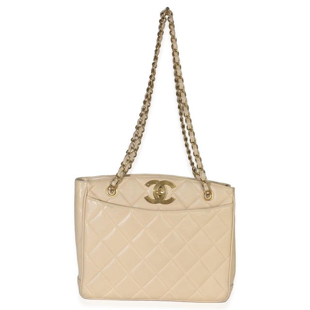 Beige Vintage Beige Quilted Lambskin CC Shoulder Tote For Sale - Image 8 of 9