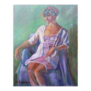 Portrait of a Woman in Purple - Parisian Art Deco Female Figurative by Dominique Amendola For Sale