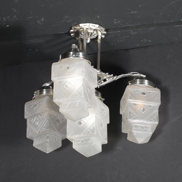 Art Deco Skyscraper-Style Nickeled Bronze & Frosted Glass 4-Arm Chandelier For Sale - Image 11 of 13