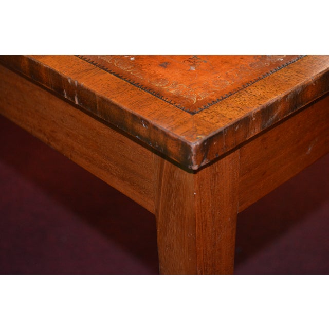 Vintage English Tan / Gold Leather Topped Square Wooden Game or Card Table For Sale - Image 13 of 18