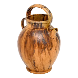 Rustic French 19th Century Olive Oil Pottery Jug with Brown and Mustard Glaze