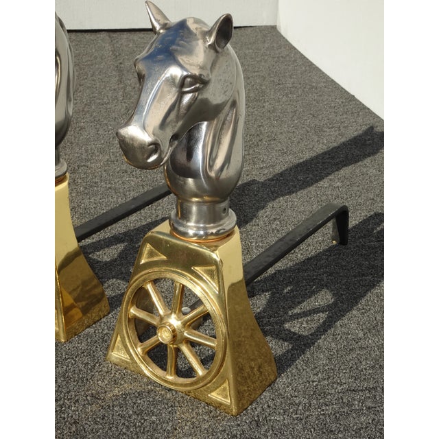 2000 - 2009 Gold Brass and Silver Cast Iron Horse Equestrian Andirons - a Pair For Sale - Image 5 of 13
