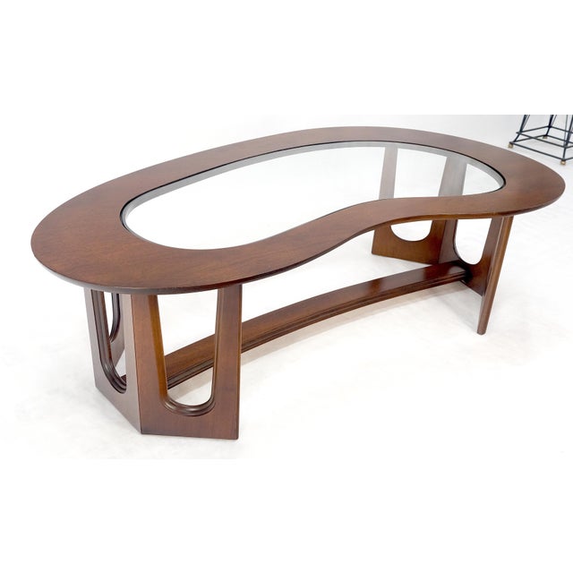 Oiled Walnut Boomerang Kidney Shape Glass Top Stretcher Base Coffee Table Mint! For Sale - Image 9 of 15