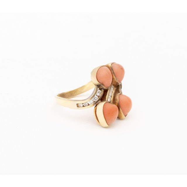 Vintage Modernist 14k Yellow Gold Coral Diamond Ring For Sale - Image 4 of 7