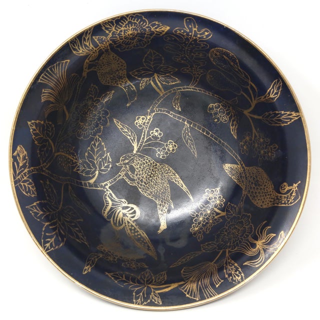 Ceramic Navy Blue & Gold Chinoiserie Porcelain Bowl With Quail, Pears & Flowers For Sale - Image 7 of 9