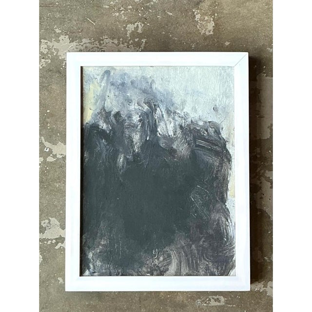 This vintage abstract expressionist painting captures a dense, dramatic mass of dark, layered brushwork rising from the...