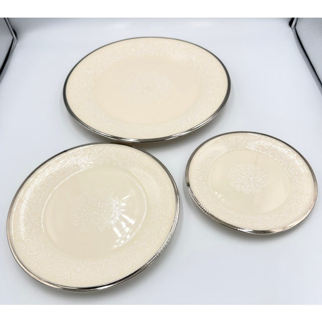 1990s Lenox Moonspun China Platinum Trim Dinner, Salad, Bread 3pc Plate Set For Sale - Image 10 of 10
