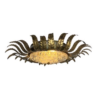 French 1960's Gilt Metal Ceiling Fixture With Molded Glass Shade For Sale