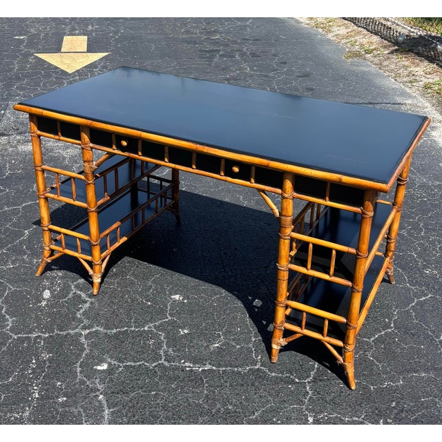 Late 20th Century Vintage Coastal Bamboo and Black Lacquer Desk by Milling Road for Baker For Sale - Image 5 of 10