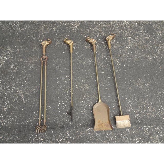 Metal Vintage French Country Brass Firplace Tools With Elephant Head Handles For Sale - Image 7 of 12