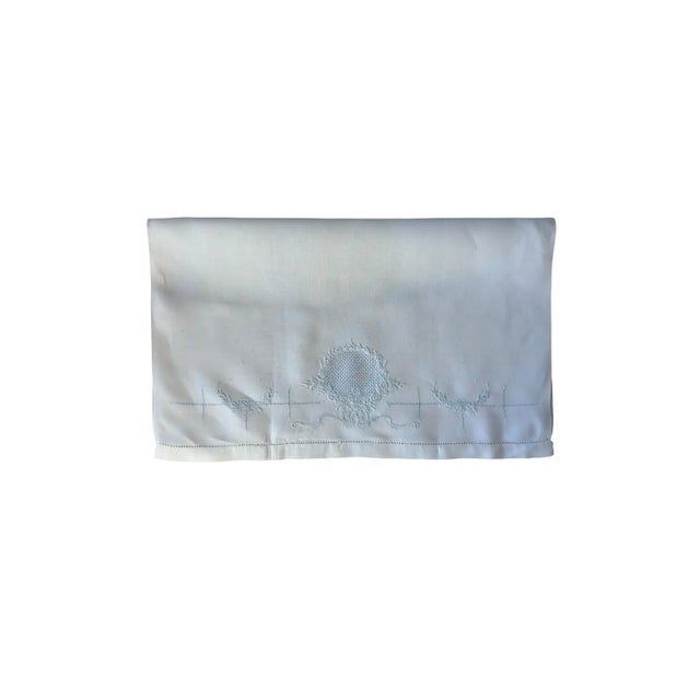 Vintage Heirloom Linen Guest Towel with Hand Drawn Thread Medallion and Blue Embroidery, Single European Fingertip Towel For Sale - Image 9 of 10