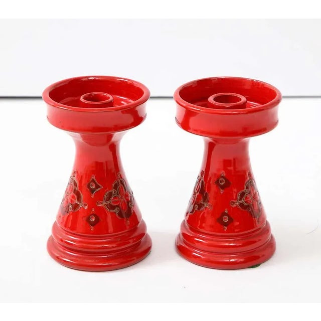 960s Mid-Century Modern Italian pottery candleholders and decorative bowl by Rosenthal Netter. Bowl measurements: Width...