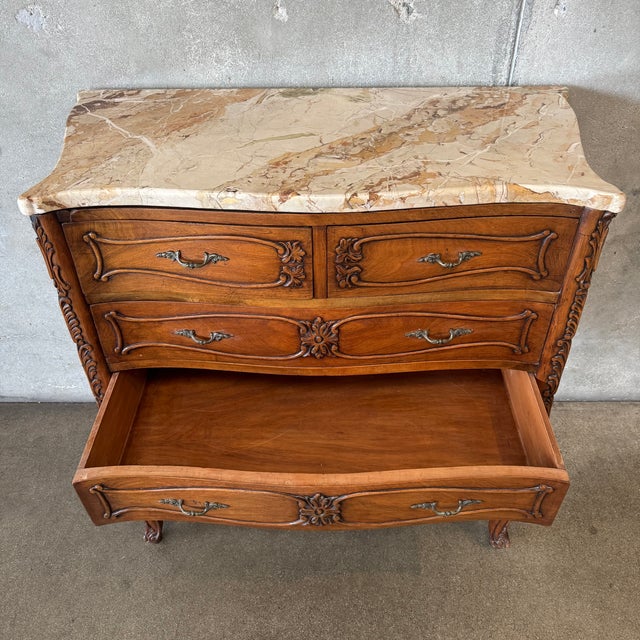 19th Century French Antique Louis XV Bombay Chest of Drawers W/ Marble Top For Sale - Image 9 of 16