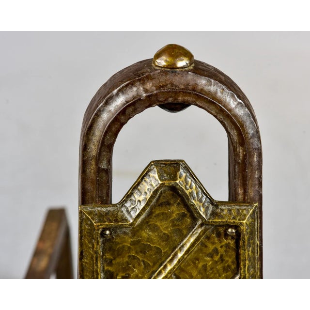 Brass Large Arts & Crafts Hammered Iron and Brass Andirons - Pair For Sale - Image 8 of 10