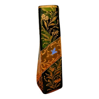 1920s Bohemian Art Nouveau Enamel Glass Vase, Emerald Green & Gilt, Moser-Style Czech For Sale