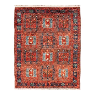 Vintage Turkish Tulu Rug With Bold Red Field and Blue Geometric Motifs For Sale