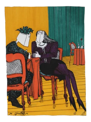 1980s Alfredo Garzon, Dinner Date Watercolor