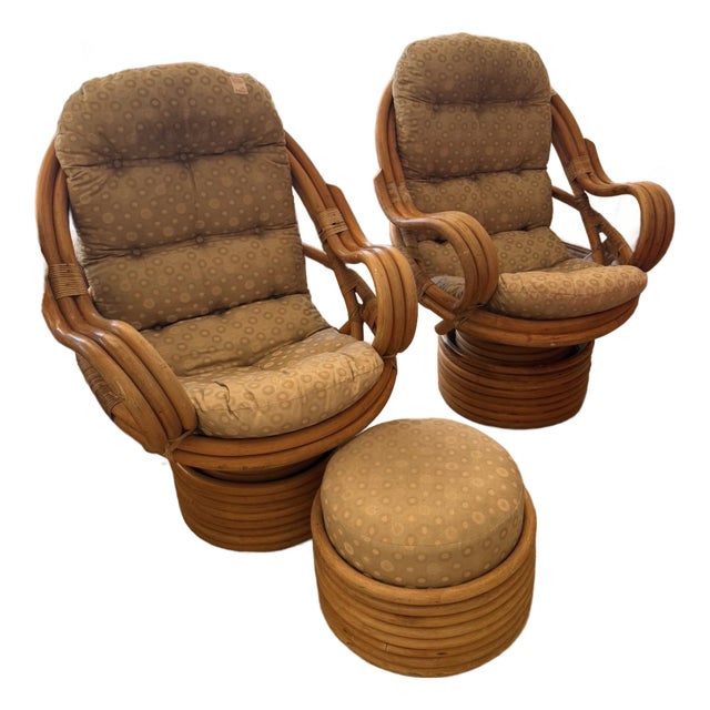 Vintage Rattan Swivel Rocker Lounge Chairs and One Ottoman Set For Sale