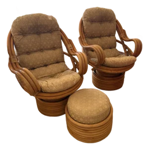 Vintage Rattan Swivel Rocker Lounge Chairs and One Ottoman Set