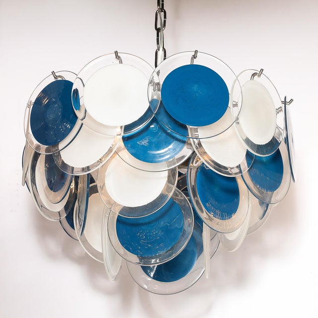 Modernist Four-Tier White & Cerulean Murano Glass Disc Chandelier For Sale In New York - Image 6 of 12