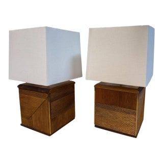 1970s Italian Reeded Wood Table Lamps - a Pair For Sale