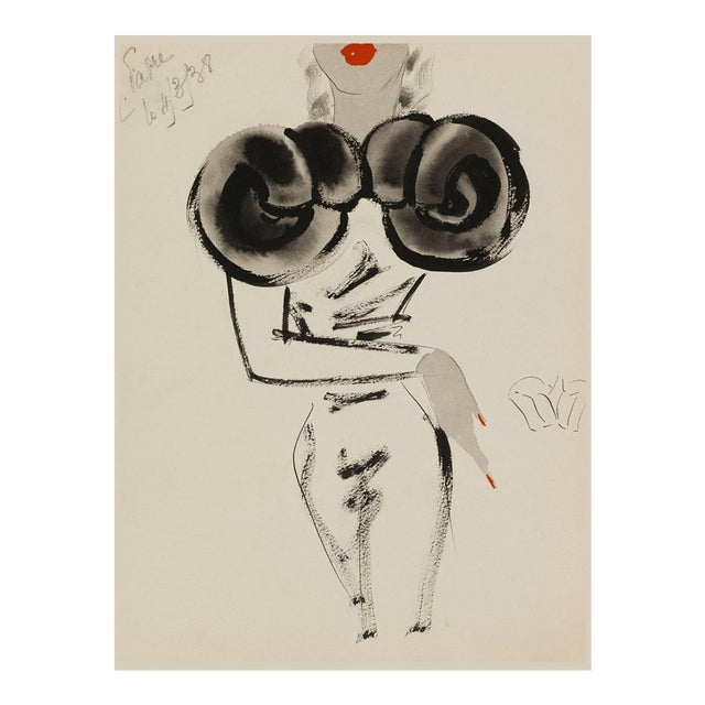 Vintage French Fashion Art Print – Sculptural Fur Shoulder Illustration, 36" X 48" For Sale