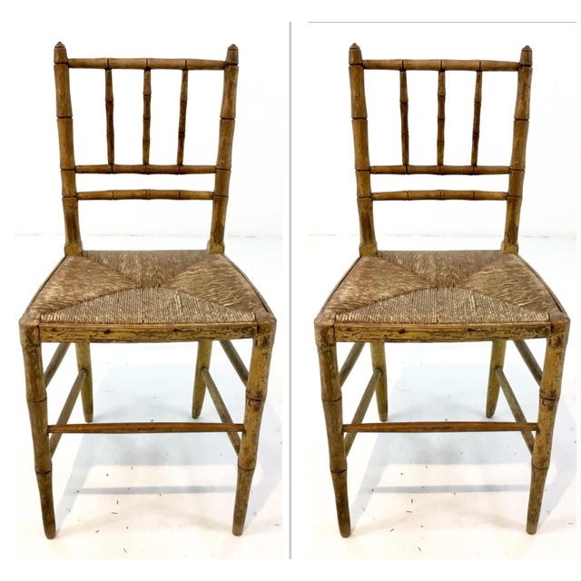 Tangerine Antique Carved Petit Chid Size Bamboo Chairs Pair For Sale - Image 8 of 8