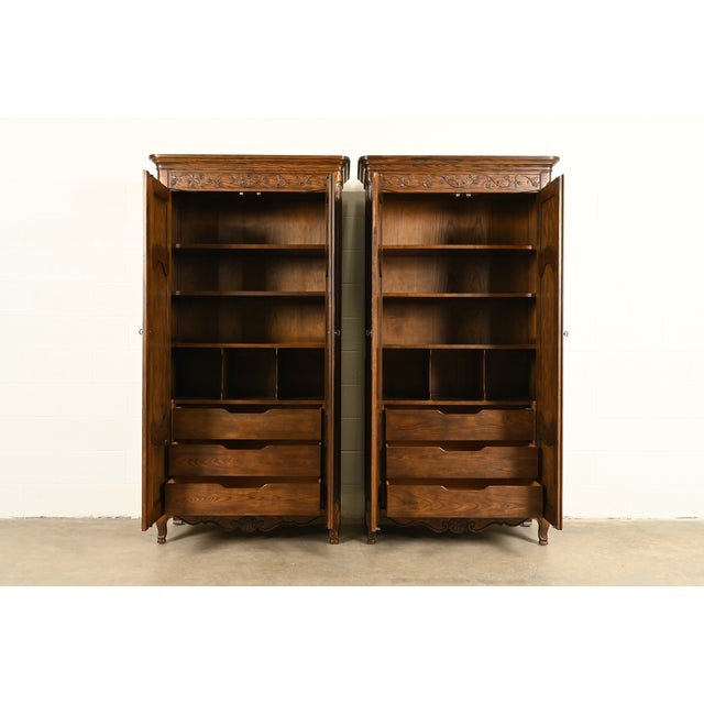 1980s Baker Furniture French Provincial Louis XV Carved Oak Armoire Dressers or Linen Presses, Pair For Sale - Image 5 of 18