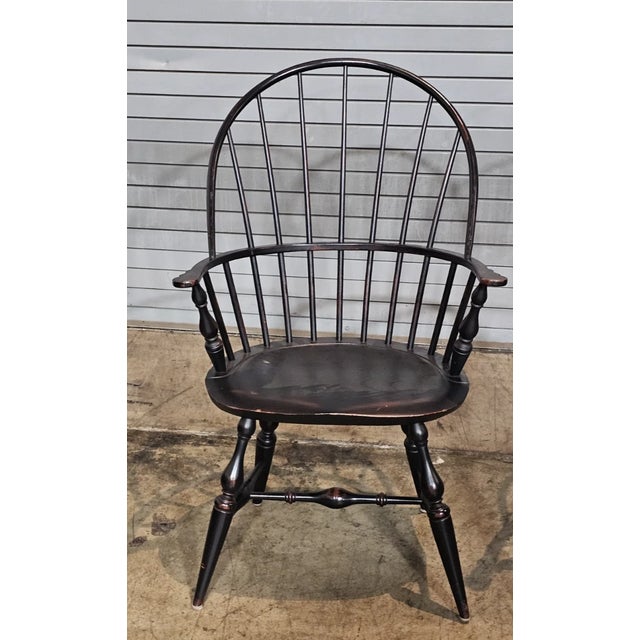 Late 20th Century Pair of Warren Chair Works Sack Back Windsor Arm Chairs Bench Made Black Finish For Sale - Image 5 of 10