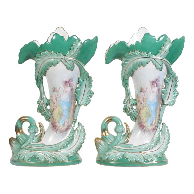Porcelain Vases with Cornucopia Cherubs in the Style of Sevres, Set of 2 For Sale