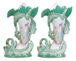 Porcelain Vases with Cornucopia Cherubs in the Style of Sevres, Set of 2