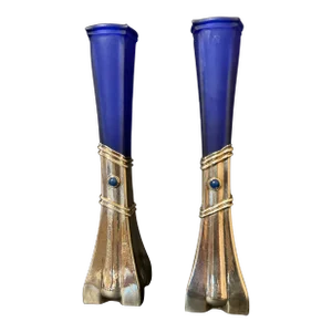 1940s Sterling Silver and Cobalt Blue Glass Bud Vases - a Pair