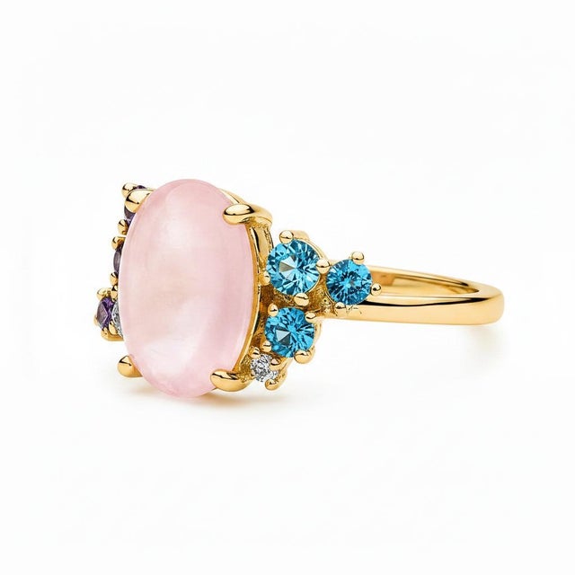 Modern Rose Quartz Multicolor Ring in 14k Gold, Size 7.5 For Sale - Image 3 of 12