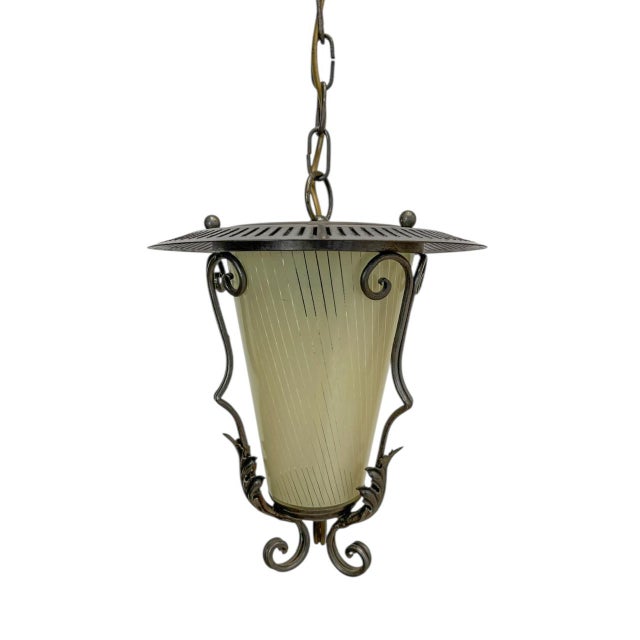Lantern Pendant Lamp in Wrought Iron and Glass, 1950s For Sale - Image 4 of 13