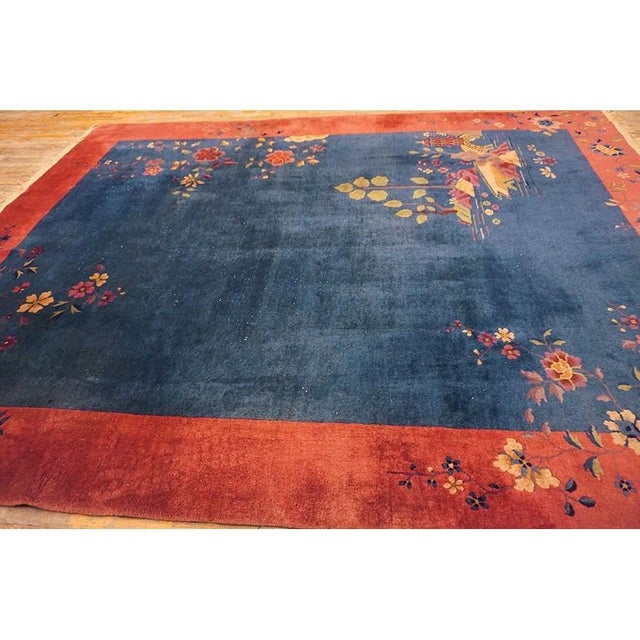Blue Open Field Antique 1920s Walter Nichols Wool Chinese Art Deco Carpet Rug For Sale - Image 10 of 10