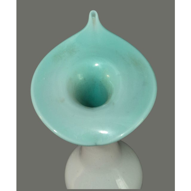 Vintage Hand Blown Art Glass Aqua Blue & White Jack-in-the-Pulpit Bud Vase For Sale - Image 6 of 8