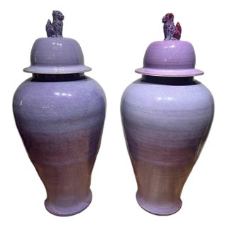 Temple Jars 1980s Purple Pottery a Pair 49” Tall For Sale