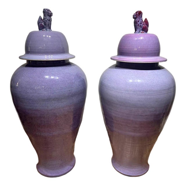 Temple Jars 1980s Purple Pottery a Pair 49” Tall For Sale