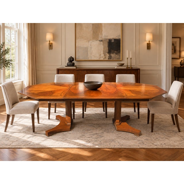 Exceptional vintage Baker Furniture dining table featuring a striking octagonal top with dramatic radial bookmatched...