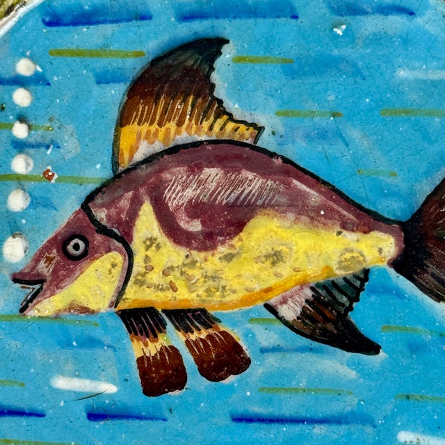 Small Vintage Round Ceramic Decorative Plate With Fish Motif For Sale - Image 4 of 7