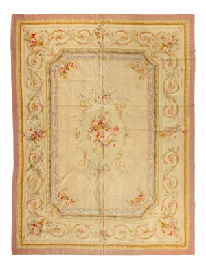 Late 19th Century Antique Ivory and Beige Floral French Aubusson Tapestry Rug